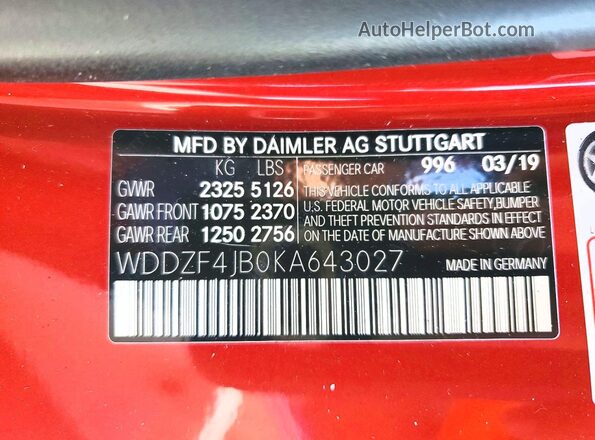 WDDZF4JB0KA643027 2019 MERCEDES-BENZ E Red Вид наклейки з VIN-кодом