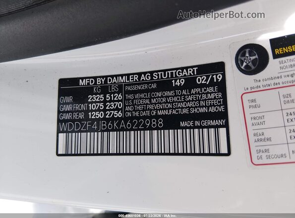 WDDZF4JB6KA622988 2019 MERCEDES-BENZ E-CLASS White Շարժիչի բաժամունքի տեսք