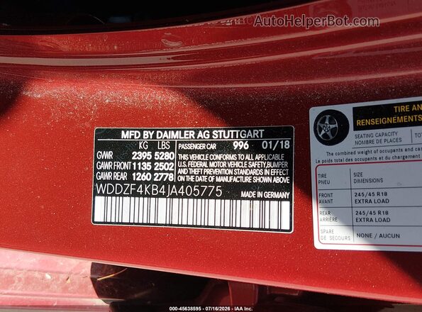 WDDZF4KB4JA405775 2018 MERCEDES-BENZ E-CLASS Red Вид підкапотного простору