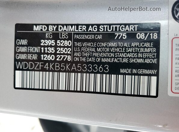 WDDZF4KB5KA533363 2019 MERCEDES-BENZ E Silver VIN კოდის სტიკერის ხედი