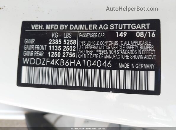 WDDZF4KB6HA104046 2017 MERCEDES-BENZ E-CLASS White Engine compartment view
