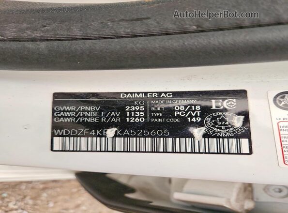 WDDZF4KB7KA525605 2019 MERCEDES-BENZ E Белый Вид наклейки с VIN-кодом