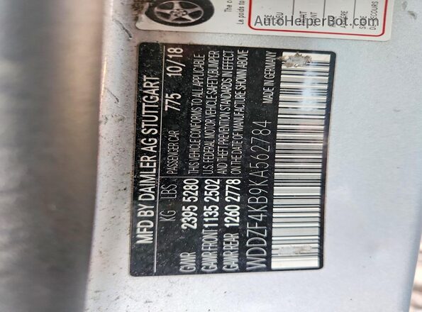 WDDZF4KB9KA562784 2019 MERCEDES-BENZ E Silver VIN կոդի պիտակի տեսք