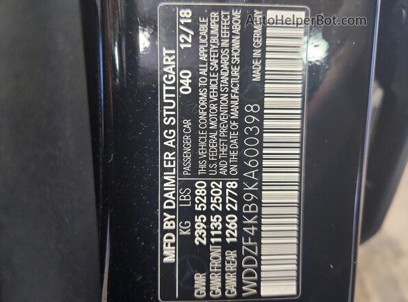 WDDZF4KB9KA600398 2019 MERCEDES-BENZ E Black Вид підкапотного простору