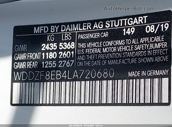 WDDZF8EB4LA720680 2020 MERCEDES-BENZ E-CLASS White ძრავის განყოფილების ხედი