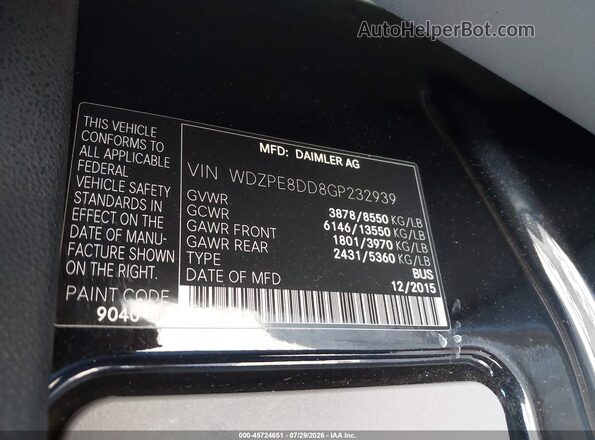 WDZPE8DD8GP232939 2016 MERCEDES-BENZ SPRINTER Black Engine compartment view