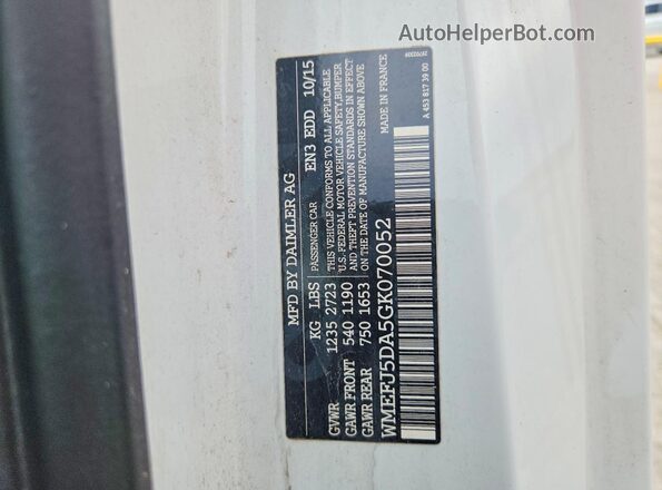 WMEFJ5DA5GK070052 2016 SMART FORTWO White VIN կոդի պիտակի տեսք