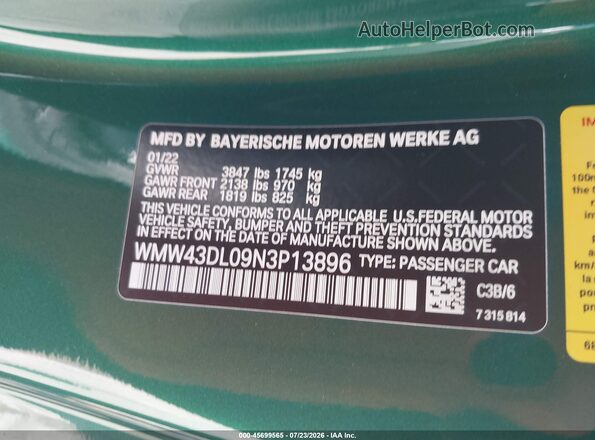 WMW43DL09N3P13896 2022 MINI CONVERTIBLE Green Շարժիչի բաժամունքի տեսք