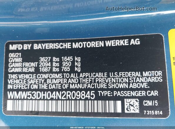 WMW53DH04N2R09845 2022 MINI HARDTOP Blue Engine compartment view
