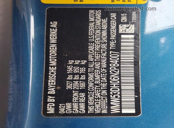 WMW53DH06N2P84007 2022 MINI COOPER Blue Engine compartment view