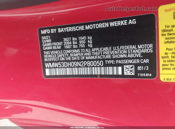 WMW53DH09N2P80050 2022 MINI HARDTOP Red Вид підкапотного простору