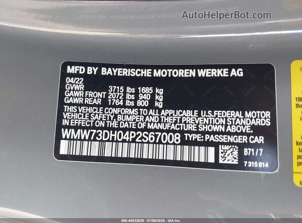 WMW73DH04P2S67008 2023 MINI HARDTOP Серый Вид наклейки с VIN-кодом