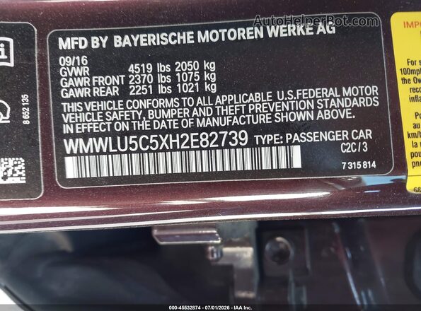 WMWLU5C5XH2E82739 2017 MINI CLUBMAN Темно-бордовый Вид подкапотного пространства