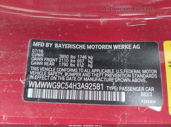 WMWWG9C54H3A92581 2017 MINI CONVERTIBLE Red Вид підкапотного простору
