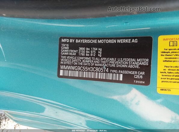 WMWWG9C55H3C80574 2017 MINI CONVERTIBLE Teal Вид підкапотного простору