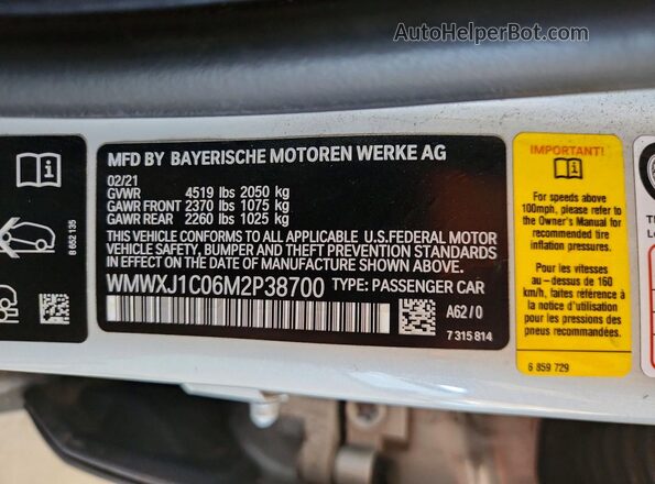 WMWXJ1C06M2P38700 2021 MINI COOPER Gray VIN կոդի պիտակի տեսք