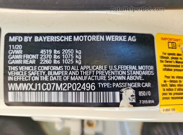 WMWXJ1C07M2P02496 2021 MINI COOPER White Շարժիչի բաժամունքի տեսք