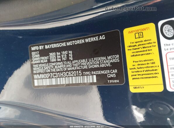 WMWXP7C31H3C62015 2017 MINI HARDTOP Dark Blue Vista del compartimento del motor