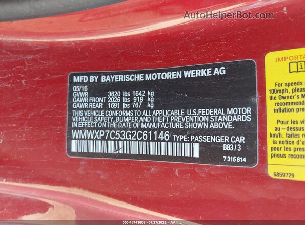 WMWXP7C53G2C61146 2016 MINI HARDTOP Красный Вид подкапотного пространства