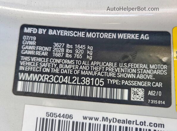 WMWXR3C04L2L38105 2020 MINI COOPER Gray Вид підкапотного простору