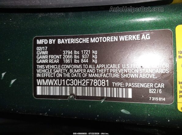 WMWXU1C30H2F78081 2017 MINI HARDTOP Green Engine compartment view
