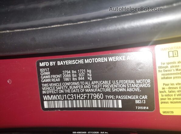 WMWXU1C31H2F77960 2017 MINI HARDTOP Red Շարժիչի բաժամունքի տեսք