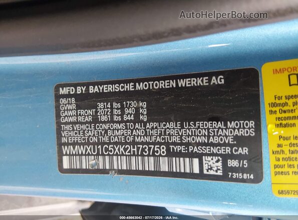 WMWXU1C5XK2H73758 2019 MINI HARDTOP Blue Շարժիչի բաժամունքի տեսք