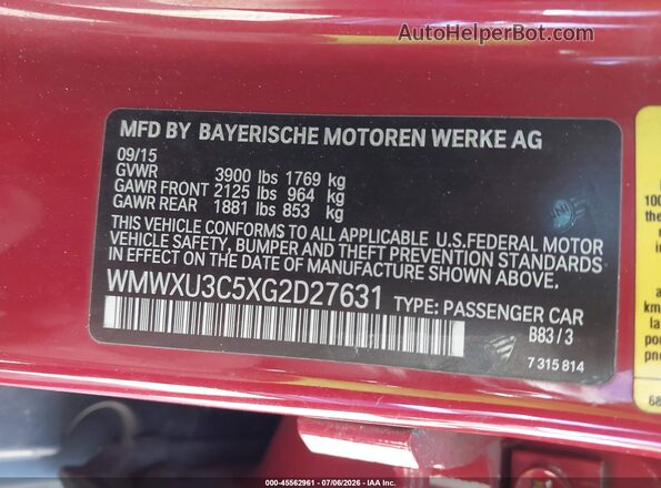 WMWXU3C5XG2D27631 2016 MINI HARDTOP Red ძრავის განყოფილების ხედი