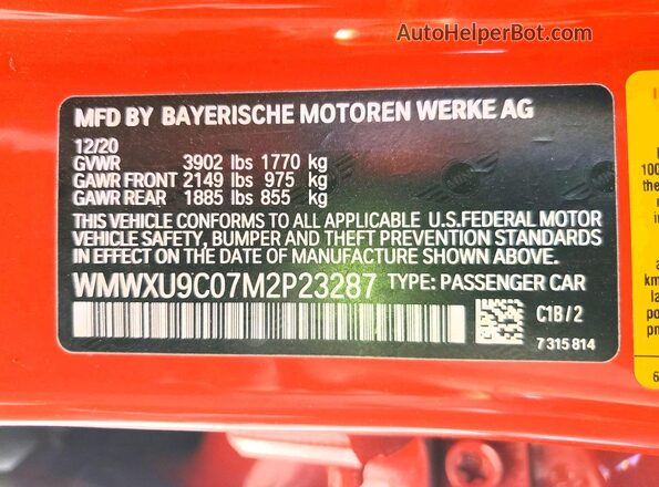 WMWXU9C07M2P23287 2021 MINI COOPER Orange სალონის 360-გრადუსიანი ხედი