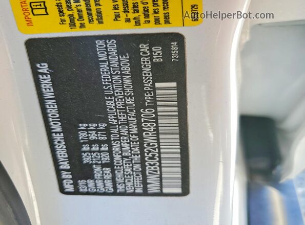 WMWZB3C52GWR48706 2016 MINI COOPER White VIN კოდის სტიკერის ხედი