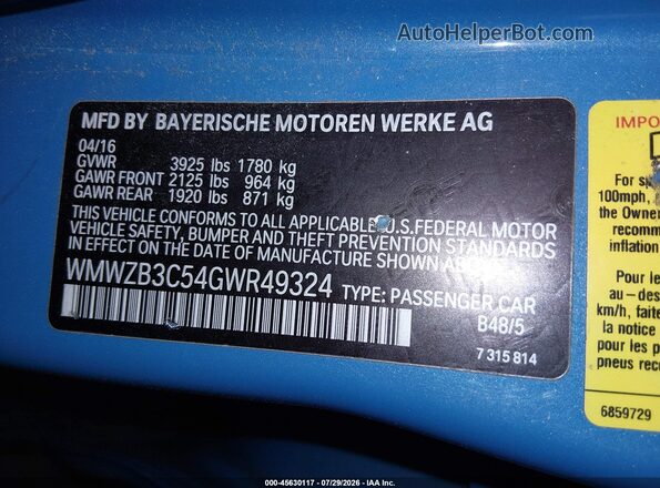 WMWZB3C54GWR49324 2016 MINI COUNTRYMAN Blue ძრავის განყოფილების ხედი