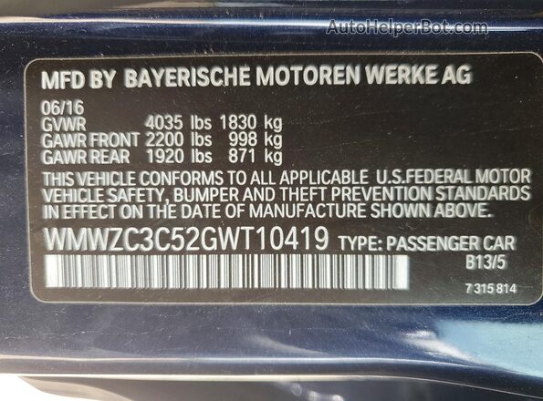 WMWZC3C52GWT10419 2016 MINI COOPER Blue Vista de la etiqueta del VIN