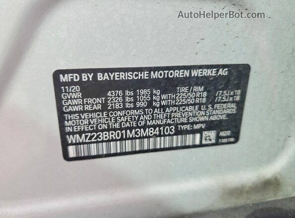 WMZ23BR01M3M84103 2021 MINI COOPER White Vista de la etiqueta del VIN