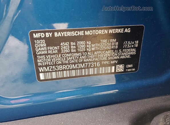 WMZ53BR09M3M77316 2021 MINI COOPER Blue Вид наклейки з VIN-кодом
