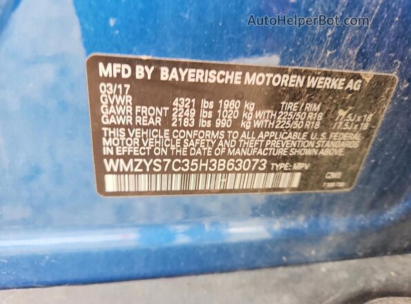 WMZYS7C35H3B63073 2017 MINI COOPER Blue Вид наклейки з VIN-кодом