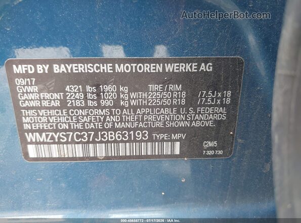 WMZYS7C37J3B63193 2018 MINI COUNTRYMAN Blue Vista del compartimento del motor