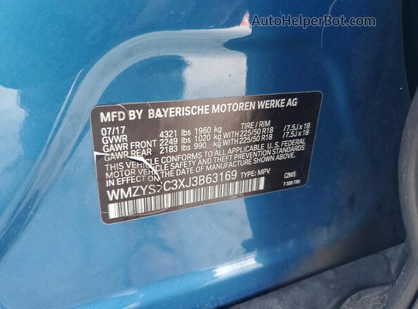 WMZYS7C3XJ3B63169 2018 MINI COOPER Blue ძრავის განყოფილების ხედი