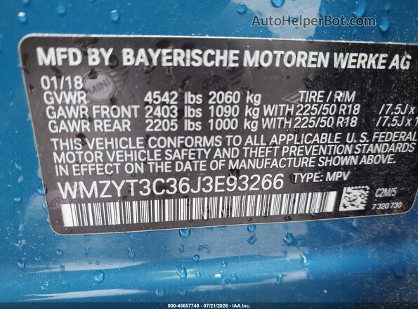 WMZYT3C36J3E93266 2018 MINI COUNTRYMAN Blue Vista del compartimento del motor
