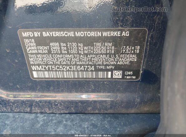 WMZYT5C52K3E64734 2019 MINI COUNTRYMAN Blue VIN კოდის სტიკერის ხედი