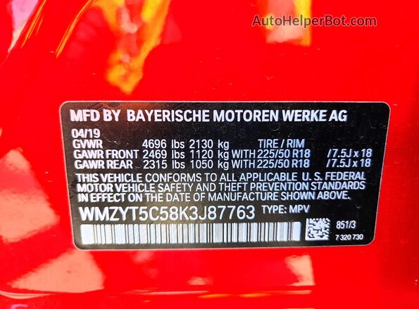 WMZYT5C58K3J87763 2019 MINI COOPER Красный Панорамный вид салона 360°