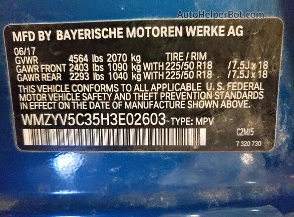 WMZYV5C35H3E02603 2017 MINI COOPER Синий Вид подкапотного пространства