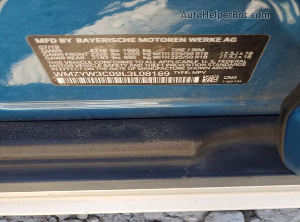 WMZYW3C09L3L08169 2020 MINI COOPER Blue VIN կոդի պիտակի տեսք
