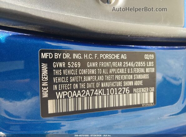 WP0AA2A74KL101276 2019 PORSCHE PANAMERA Синий Вид подкапотного пространства