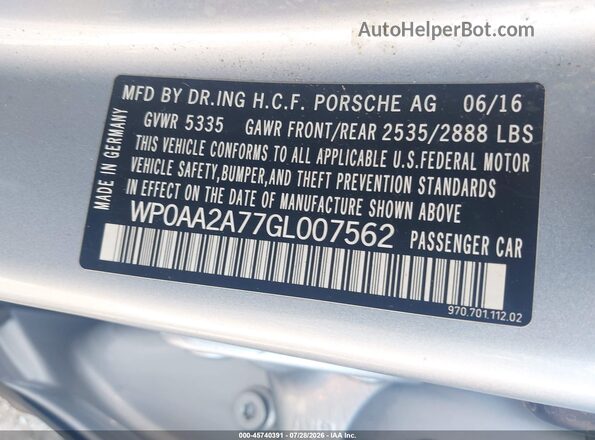 WP0AA2A77GL007562 2016 PORSCHE PANAMERA Серебряный Вид подкапотного пространства