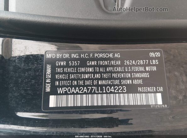 WP0AA2A77LL104223 2020 PORSCHE PANAMERA Black Vista del compartimento del motor