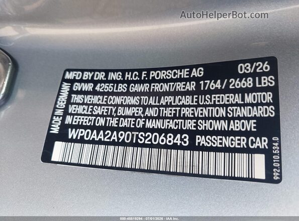 WP0AA2A90TS206843 2026 PORSCHE 911 Серебряный Вид подкапотного пространства