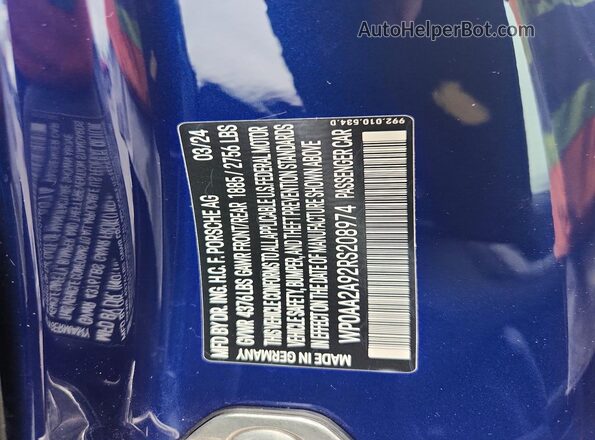 WP0AA2A92RS208974 2024 PORSCHE 911 Blue VIN կոդի պիտակի տեսք