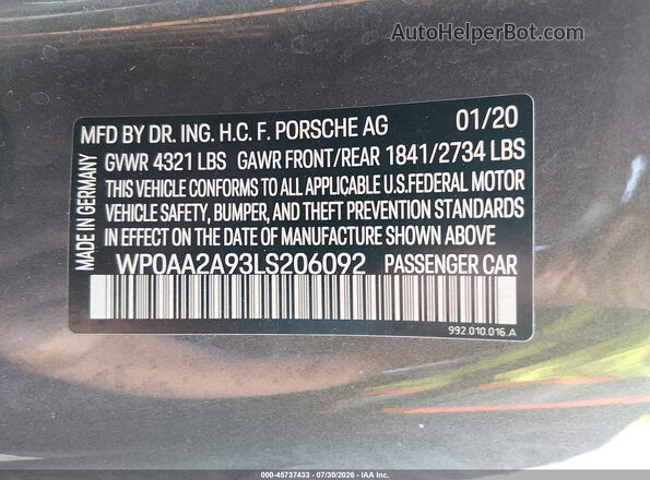 WP0AA2A93LS206092 2020 PORSCHE 911 Gray Engine compartment view