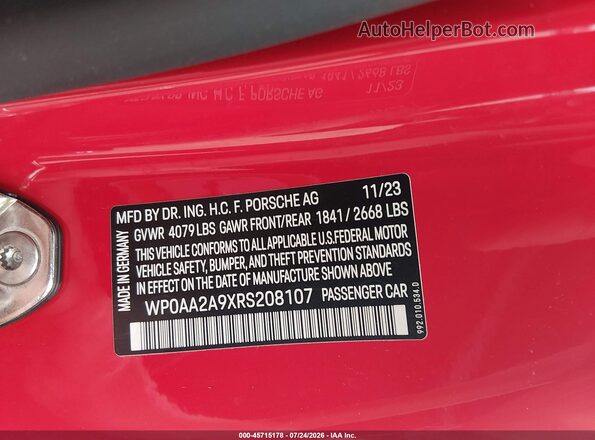 WP0AA2A9XRS208107 2024 PORSCHE 911 Red Widok komory silnika