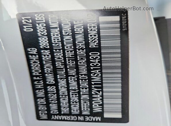 WP0AA2Y11MSA13430 2021 PORSCHE TAYCAN White VIN sticker view